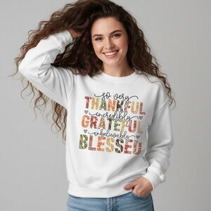 Thanksgiving White Graphic Sweatshirt Fall Thankful Autumn Sweater Gift